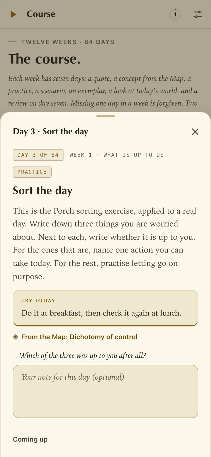 A course day open in a sheet in the Parchment theme: day 3 of 84, Sort the day, a practice about writing down three worries, a try-today box and a note field