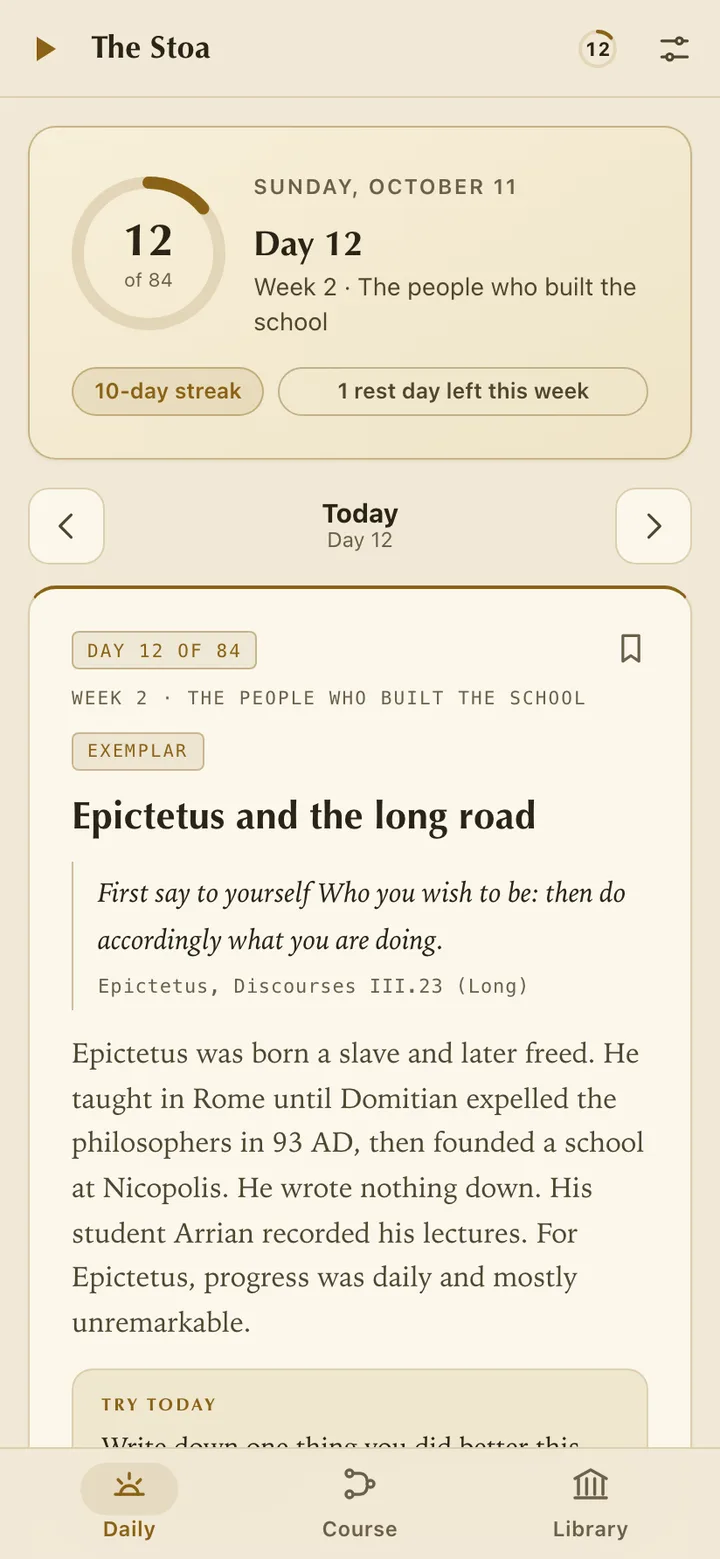 The Daily tab in the Parchment theme: a gold ring at day 12 of 84 on cream paper, a 10-day streak and today's card, Epictetus and the long road