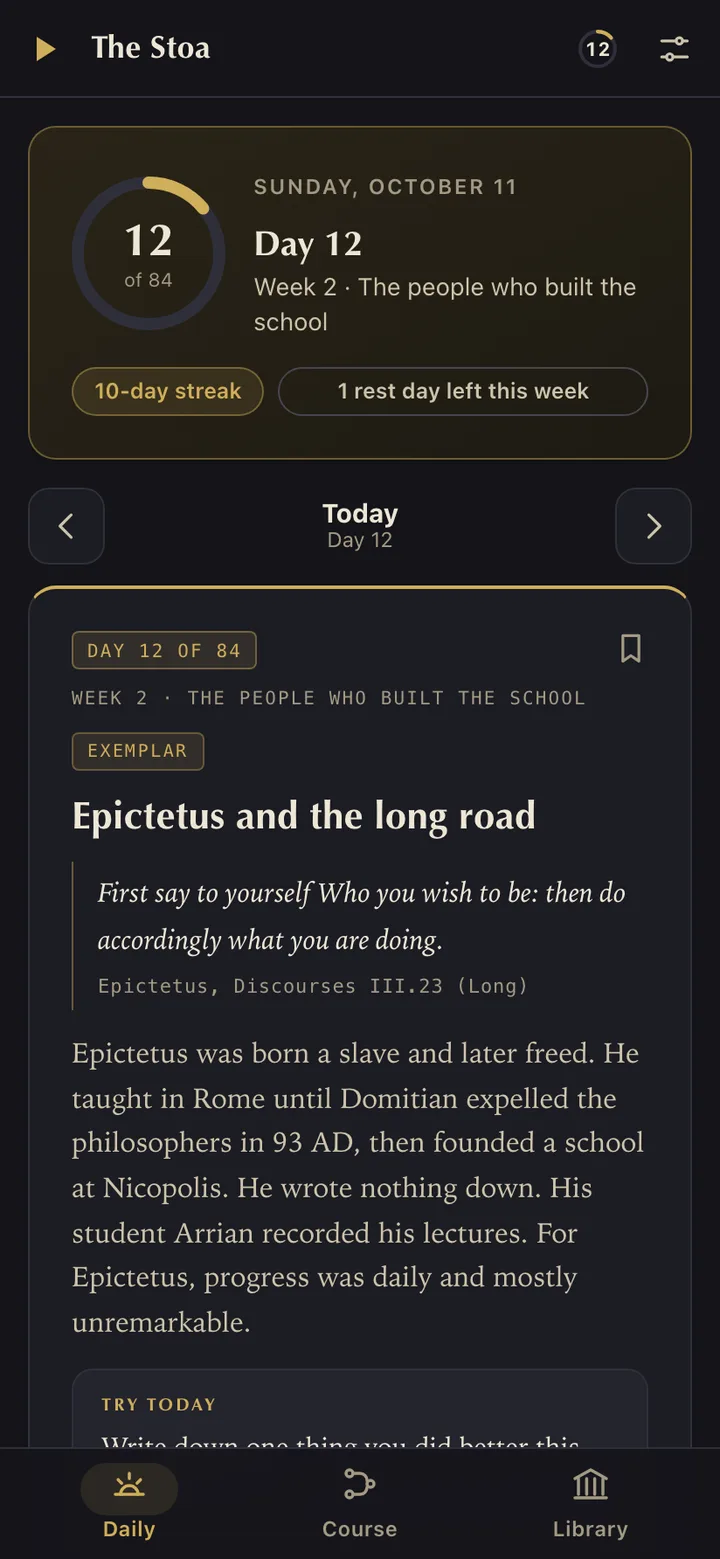 The Daily tab in The Stoa: a gold progress ring at day 12 of 84, week 2, The people who built the school, a 10-day streak, and today's card, Epictetus and the long road