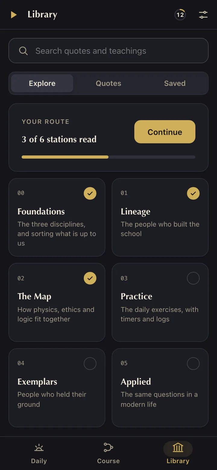The Library tab in The Stoa: a search field, Explore, Quotes and Saved, the route at 3 of 6 stations read and a grid of the six stations