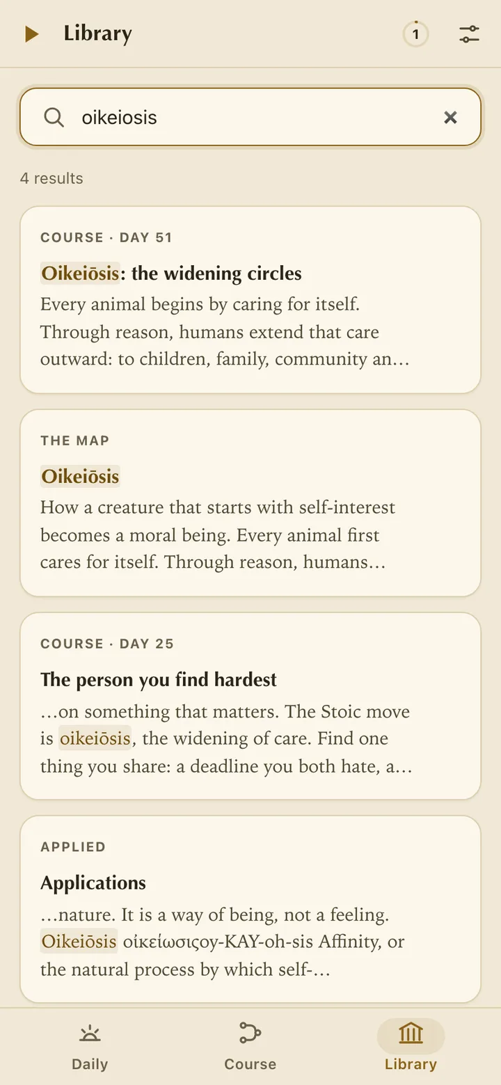 Library search in The Stoa for oikeiosis: four results from the course, the Map and Applied, with Oikeiōsis highlighted in each